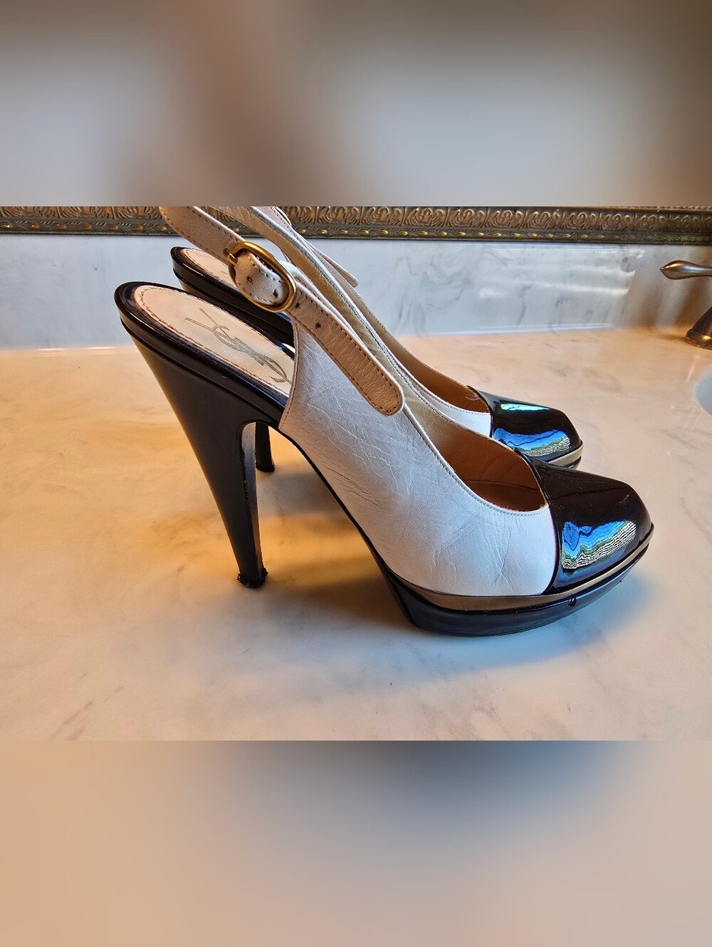 Yves Saint Laurent Rive Gauche Leather Colorblock Pattern Slingback Pumps 39 - Picture 1 of 14